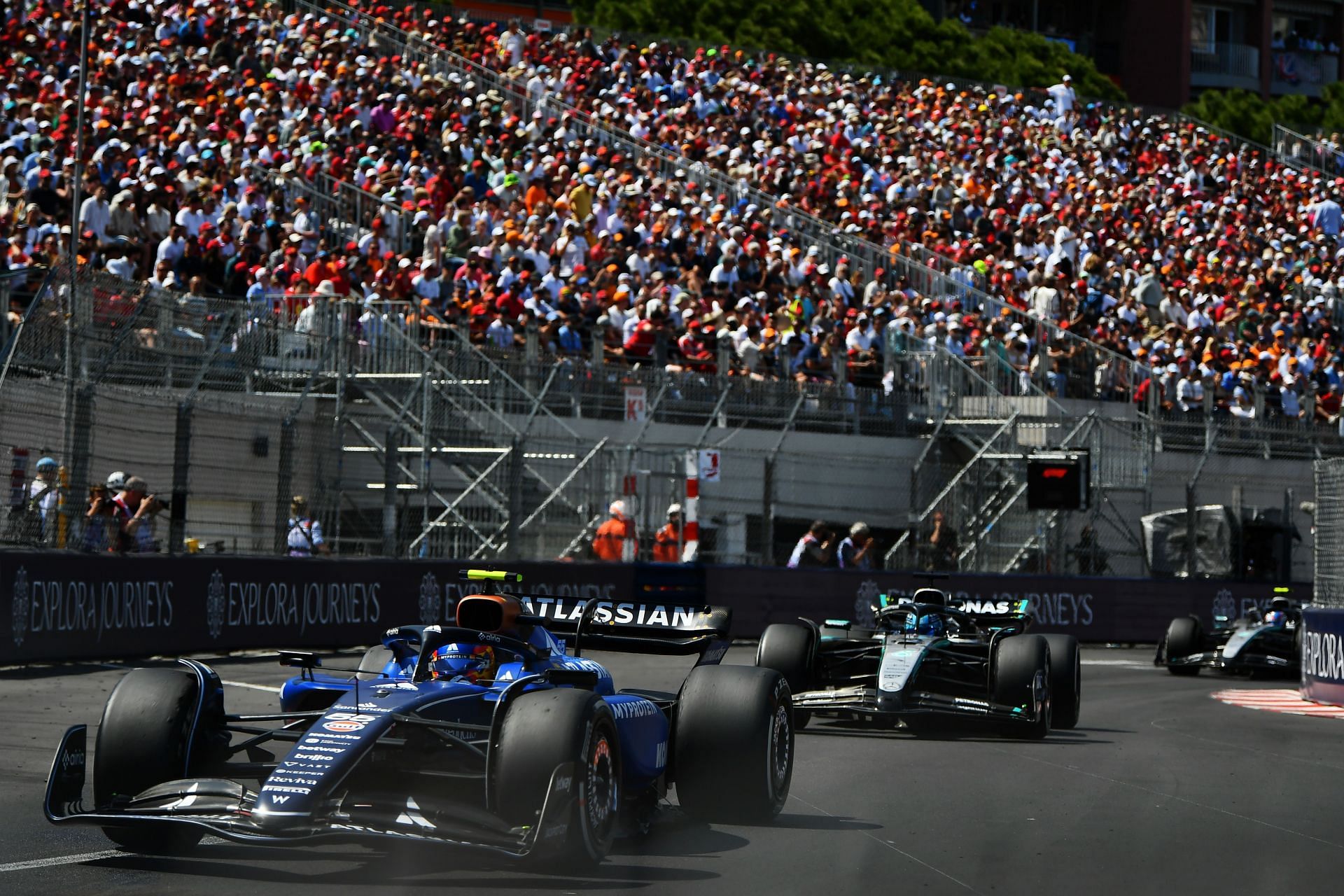 Carlos Sainz (55) leads George Russell (63) and Andrea Kimi Antonelli (12) in the Monaco GP. Source: Getty